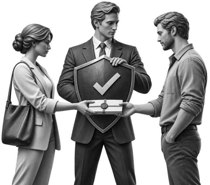 A buyer and seller with a middleman shield holding the payment until the deal is confirmed